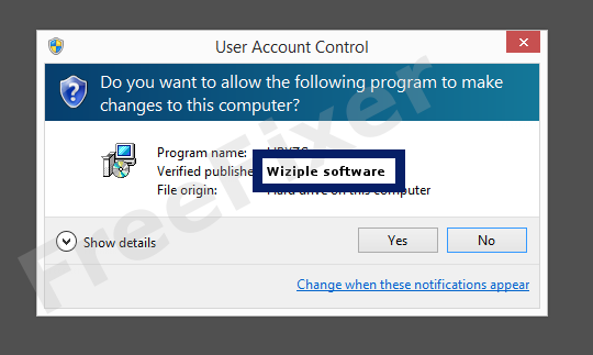 Screenshot where Wiziple software appears as the verified publisher in the UAC dialog